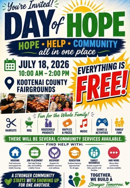 Day of Hope event flyer: July 18, 2026 at Kootenai County Fairgrounds