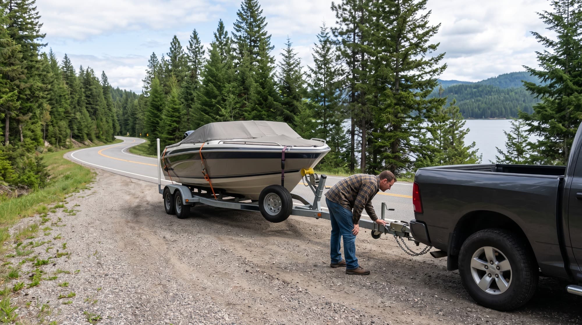 Man checking the hitch and safety chains connecting a boat trailer to a pickup truck on a lakeside North Idaho road