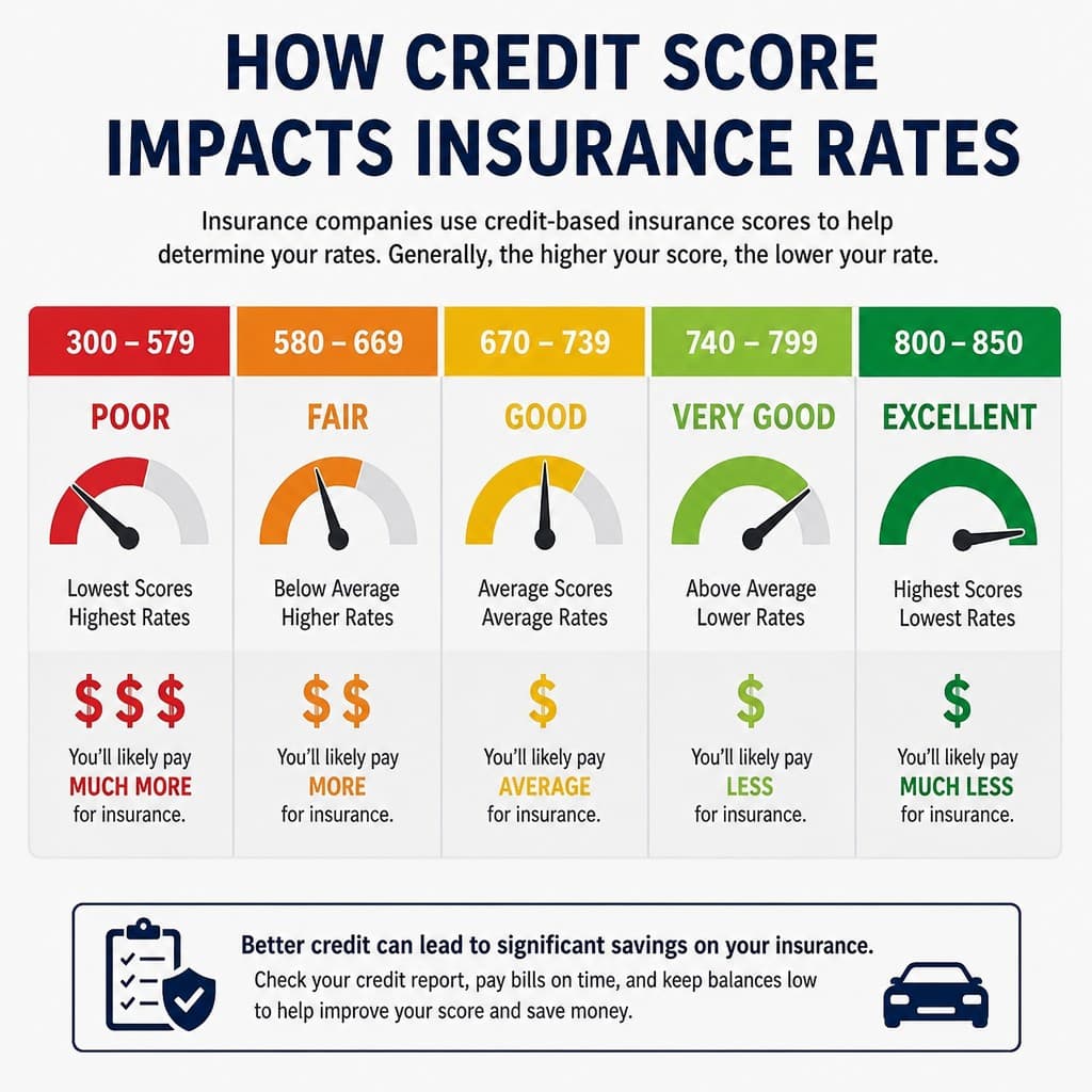 Infographic showing how credit score ranges from poor to excellent can impact insurance rates