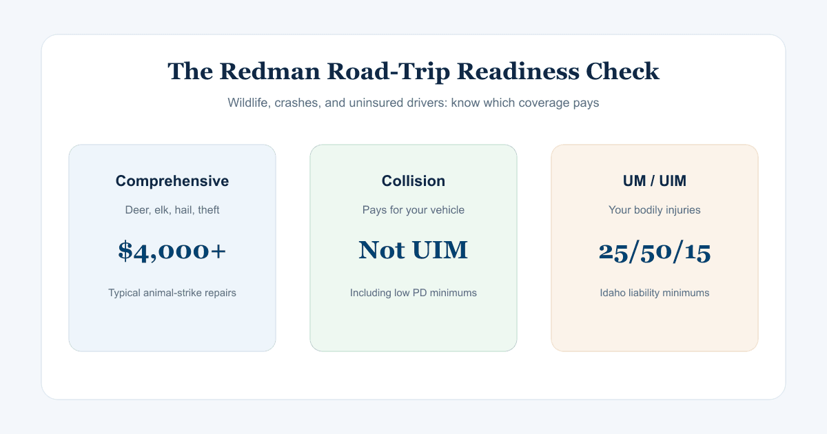 Graphic summarizing Idaho's 25/50/15 auto minimums, wildlife claims under comprehensive, and UM/UIM covering injuries rather than the vehicle