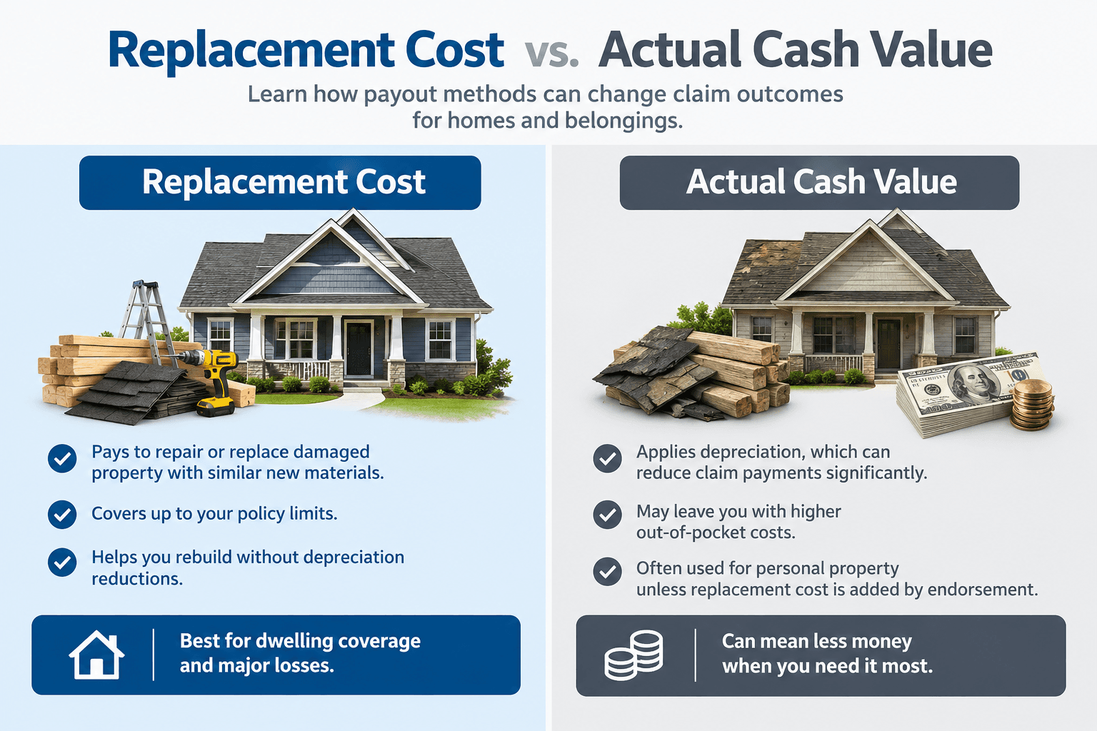 Infographic comparing replacement cost, which pays to rebuild with new materials up to policy limits, with actual cash value, which applies depreciation and can reduce claim payments