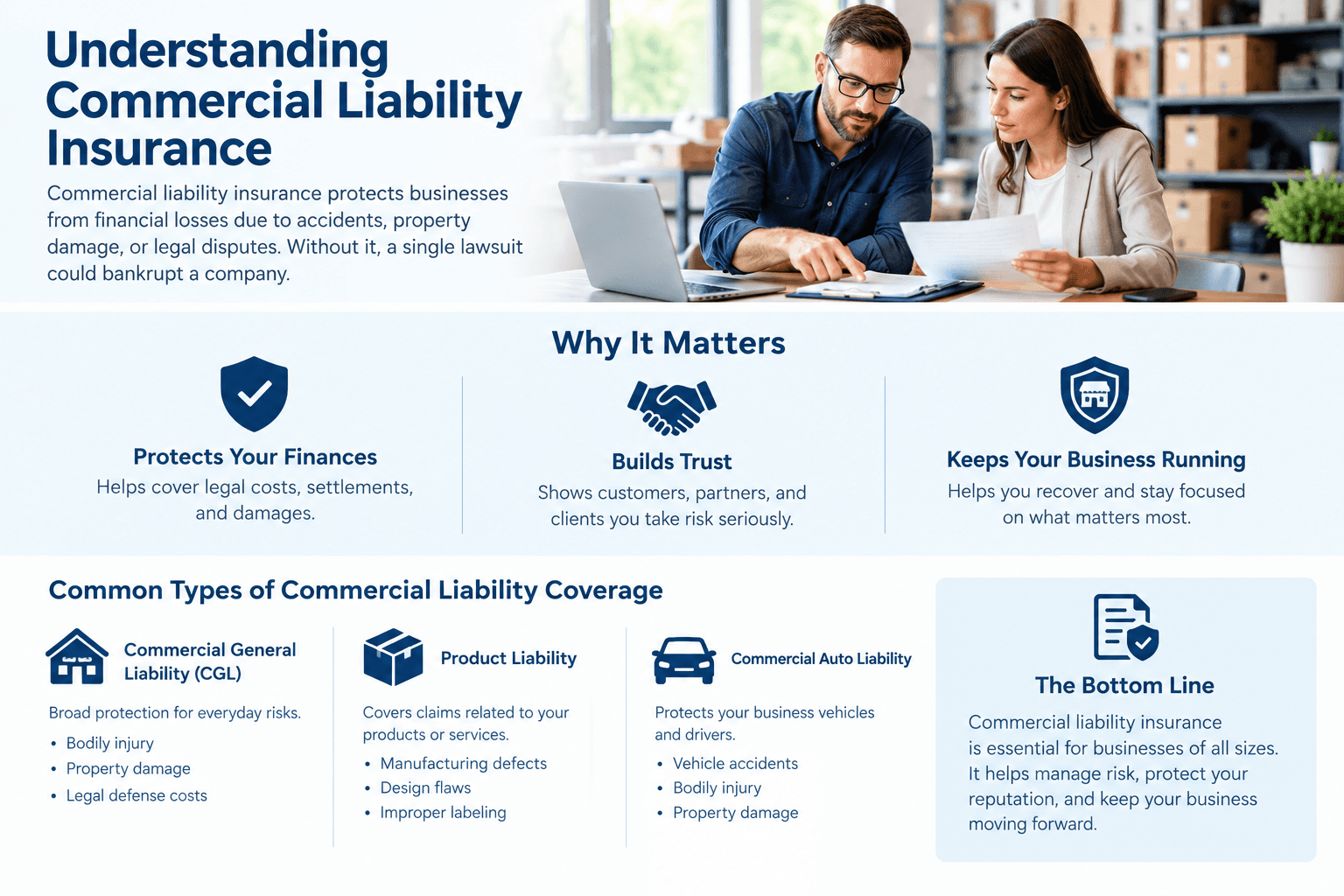 Infographic on commercial liability insurance: financial protection, customer trust, business continuity, and coverage types including general liability, product liability, and commercial auto